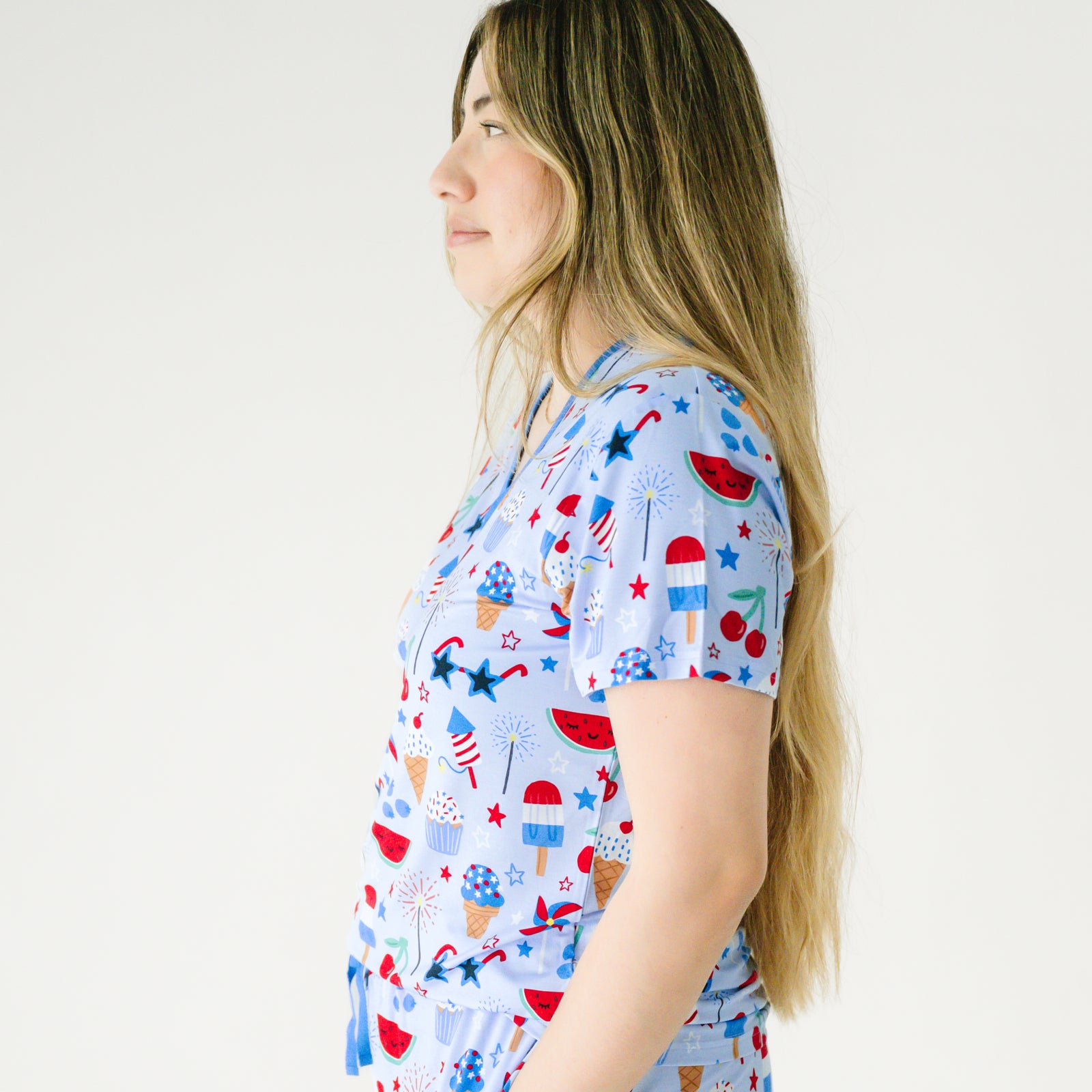 Profile image of a woman wearing a Stars, Stripes, and Sweets women's pajama top