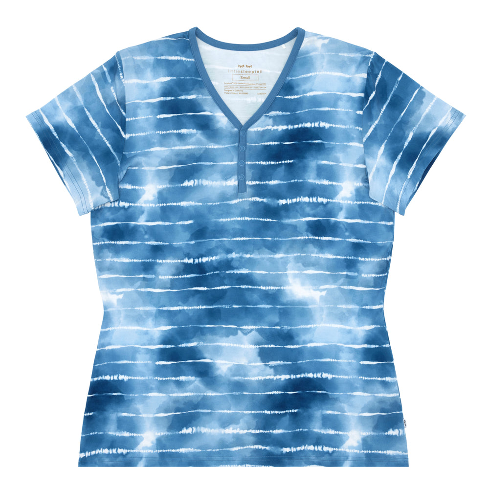 Flat lay image of a Blue Tie Dye Dreams women's short sleeve pajama top