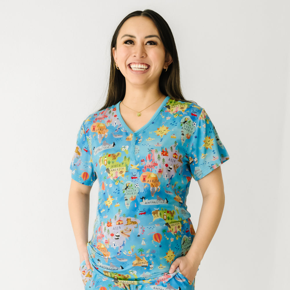 Close up image of a woman wearing an Around the World women's pajama top