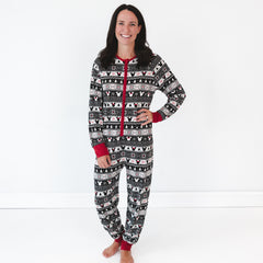 woman posing wearing a Mickey Fair Isle women's zippy