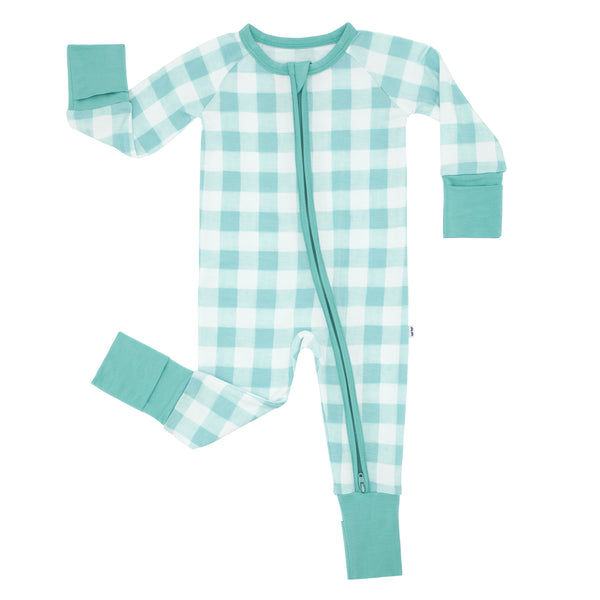 Flat lay image of a Aqua Gingham zippy