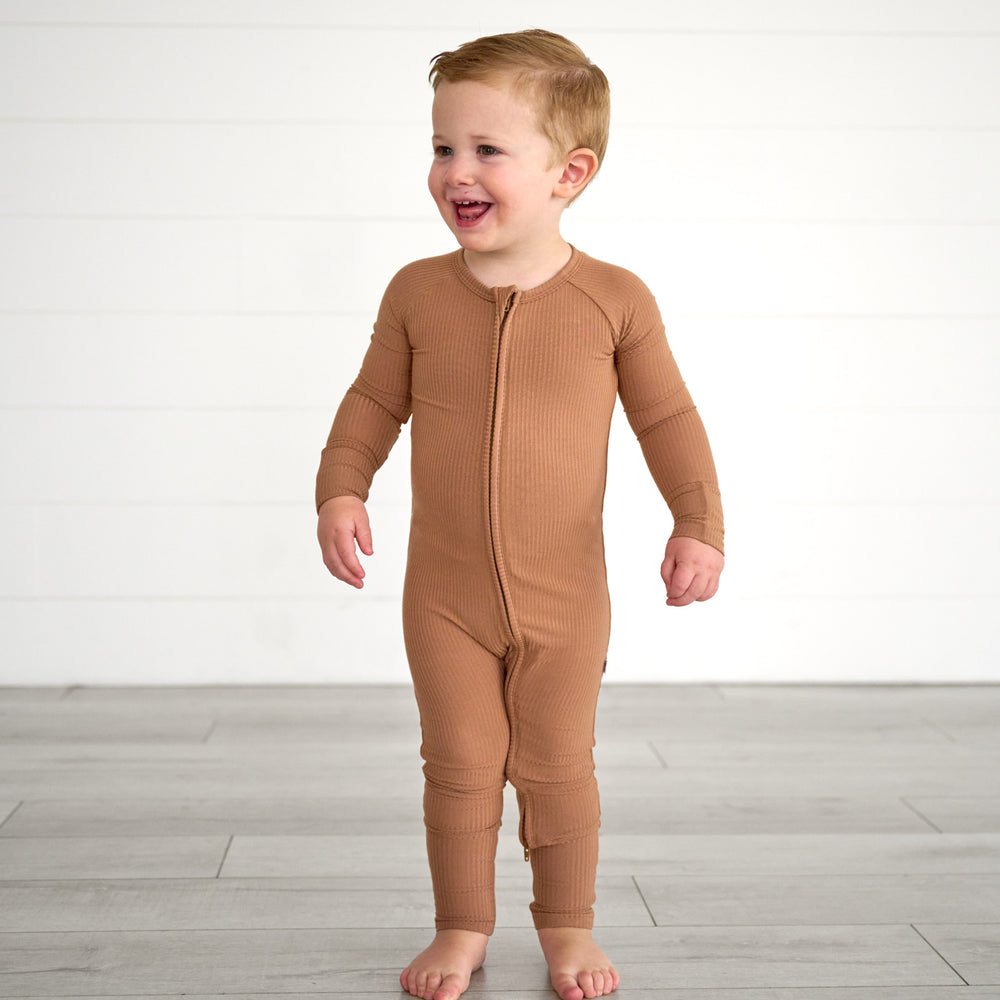 Boy wearing the Caramel Ribbed Zippy