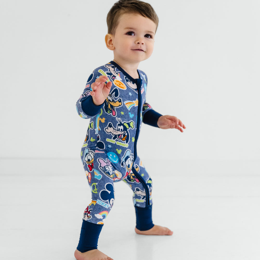 Standing child wearing Navy Disney Mickey's Clubhouse toddler bamboo pajamas