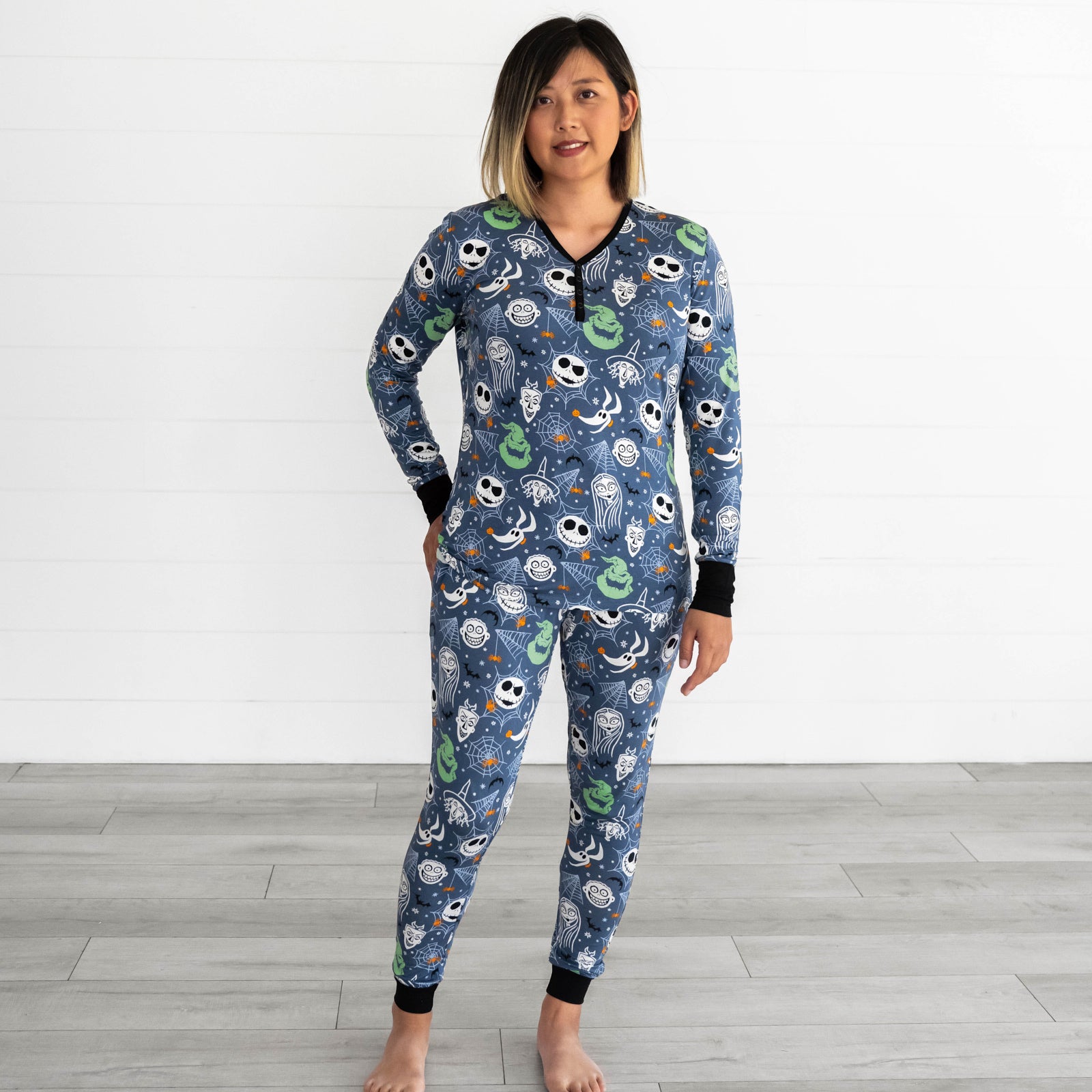 Woman wearing the Disney Jack & Crew Women's Pajama Top & Pants