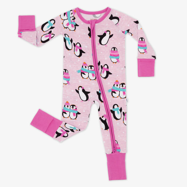 Flat lay image of a Pink Penguin Party zippy