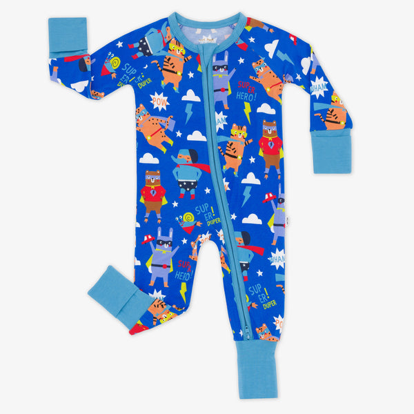 Flat lay of the Blue Sleepy Heroes bamboo zippy