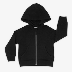 Flat lay image of the Black Zip Hoodie