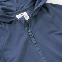Close up image of the collar and zipper detail on the Vintage Navy Zip Hoodie