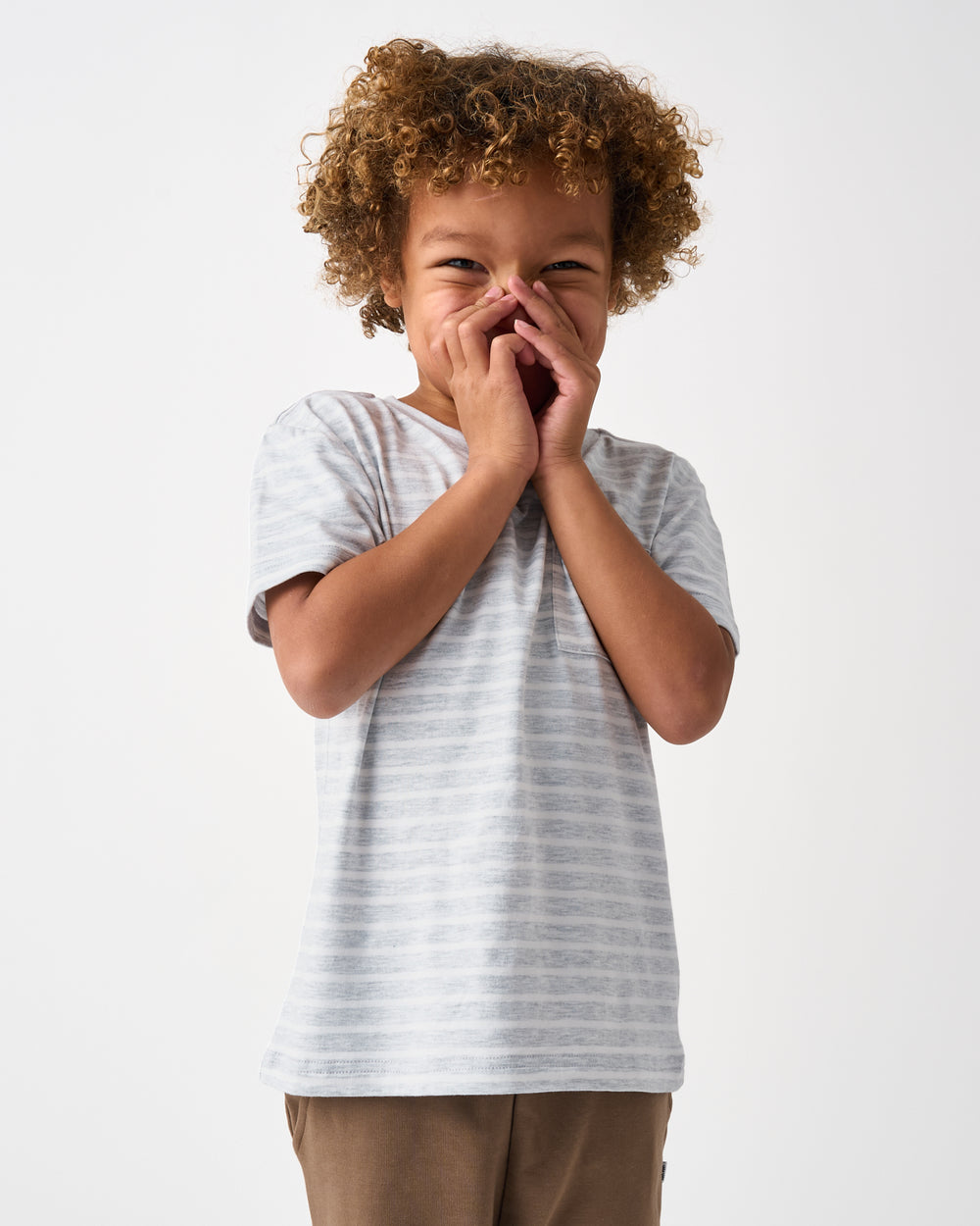 Boy wearing the Light Heather Gray Stripes Relaxed Pocket Tee