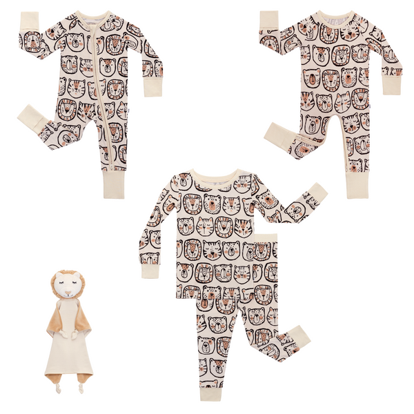 flat lay composite of a lions, tigers & bears zippy, crescent zippy, two-piece pajama set, and leo the lion sleepyhead lovey