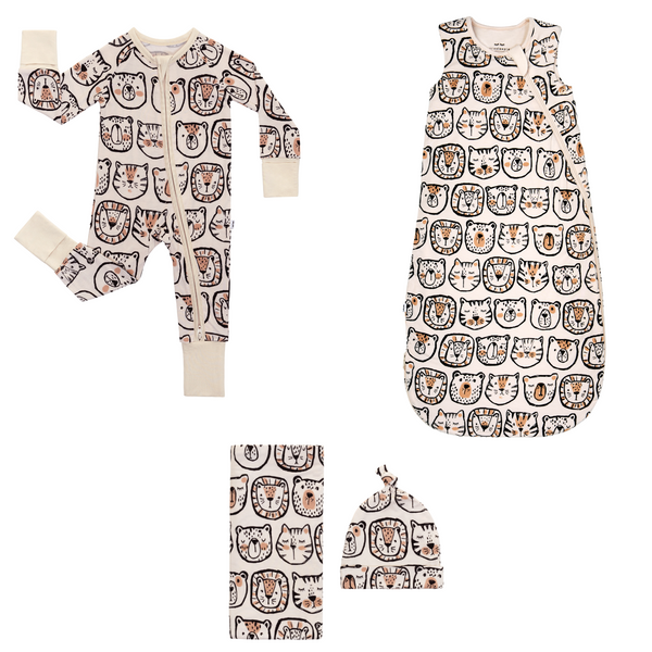 flat lay composite of a lions, tigers & bears zippy, sleepybag, and swaddle & hat set