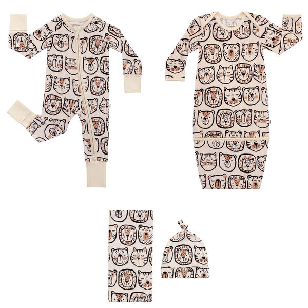 flat lay composite of a lions, tigers, & bears zippy, infant gown, and swaddle & hat set