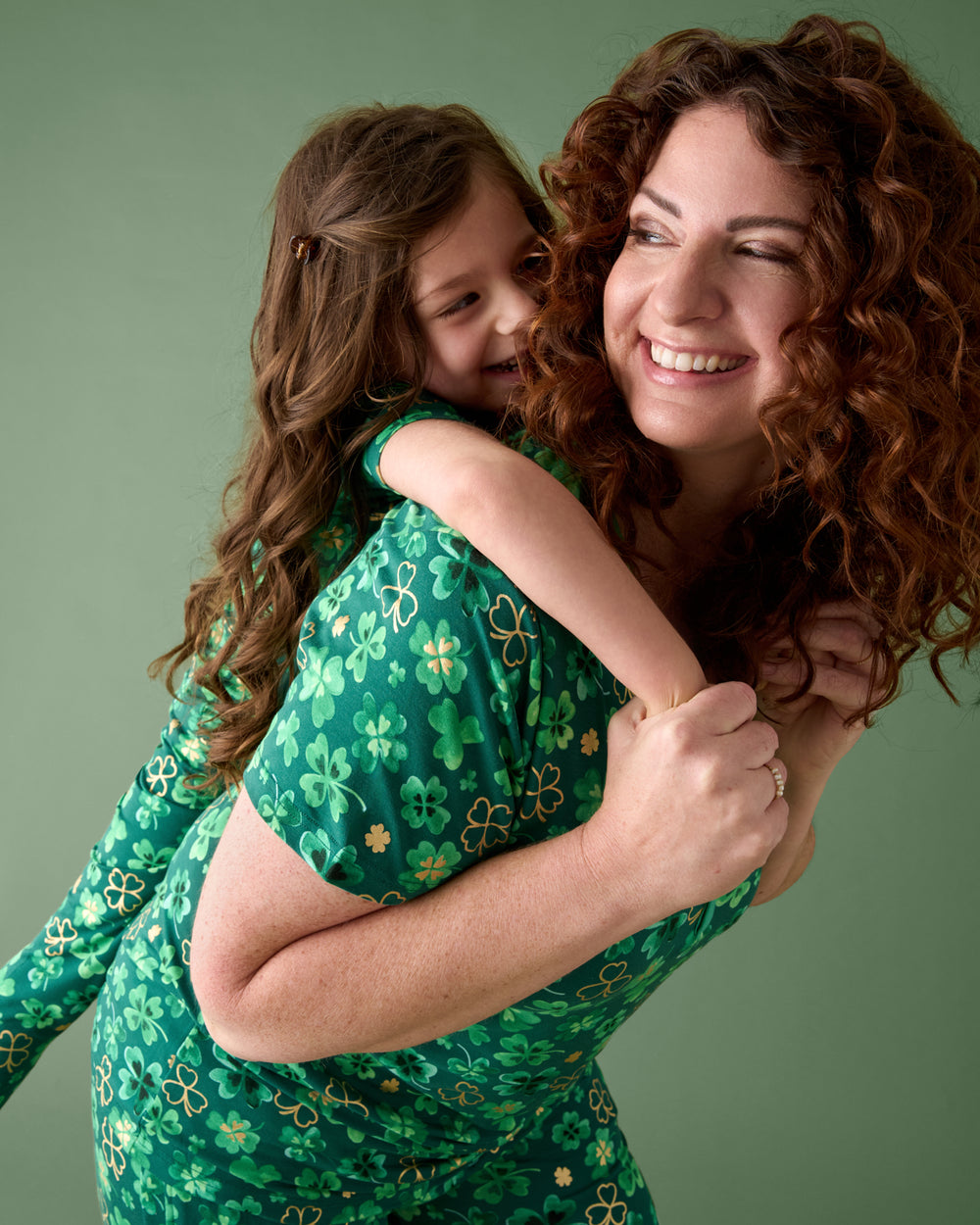 Mother and daughter wearing matching Clover Cuties pajamas