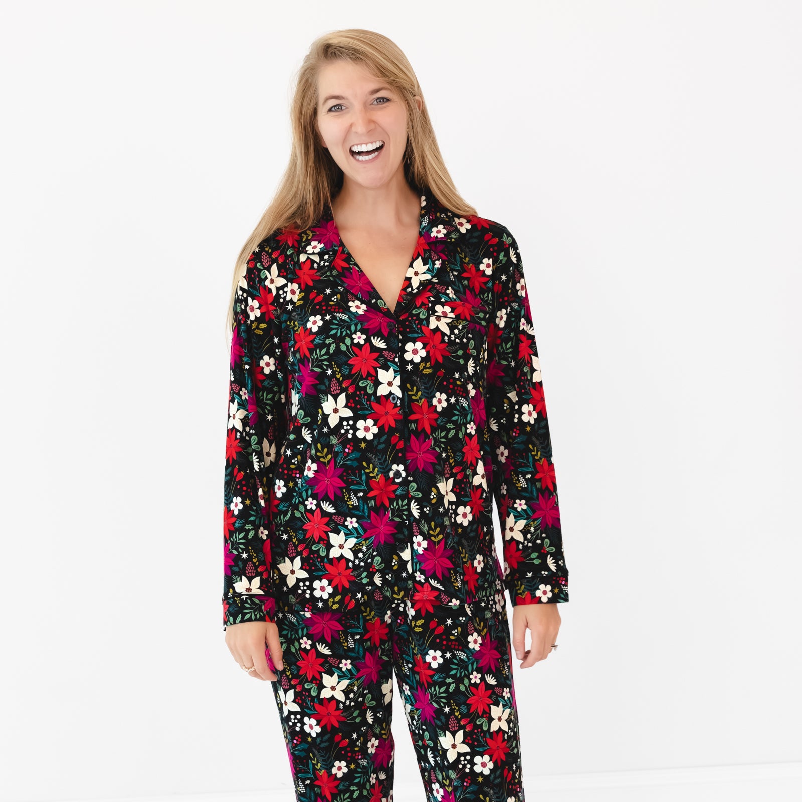 Close up image of a woman wearing the Berry Merry Women's Long Sleeve Pajama Set