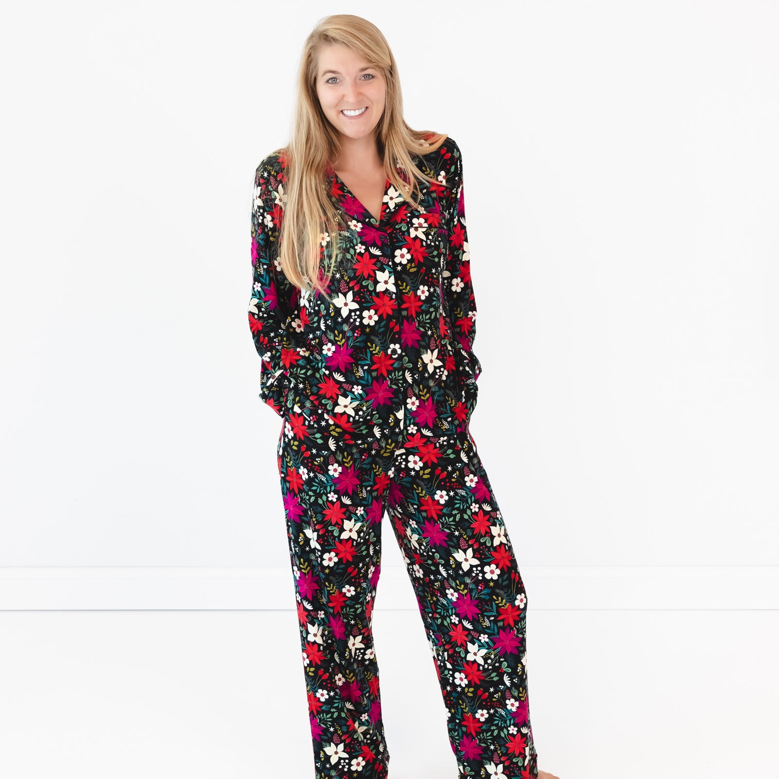 Female model posing while wearing the Berry Merry Women's Long Sleeve Pajama Set