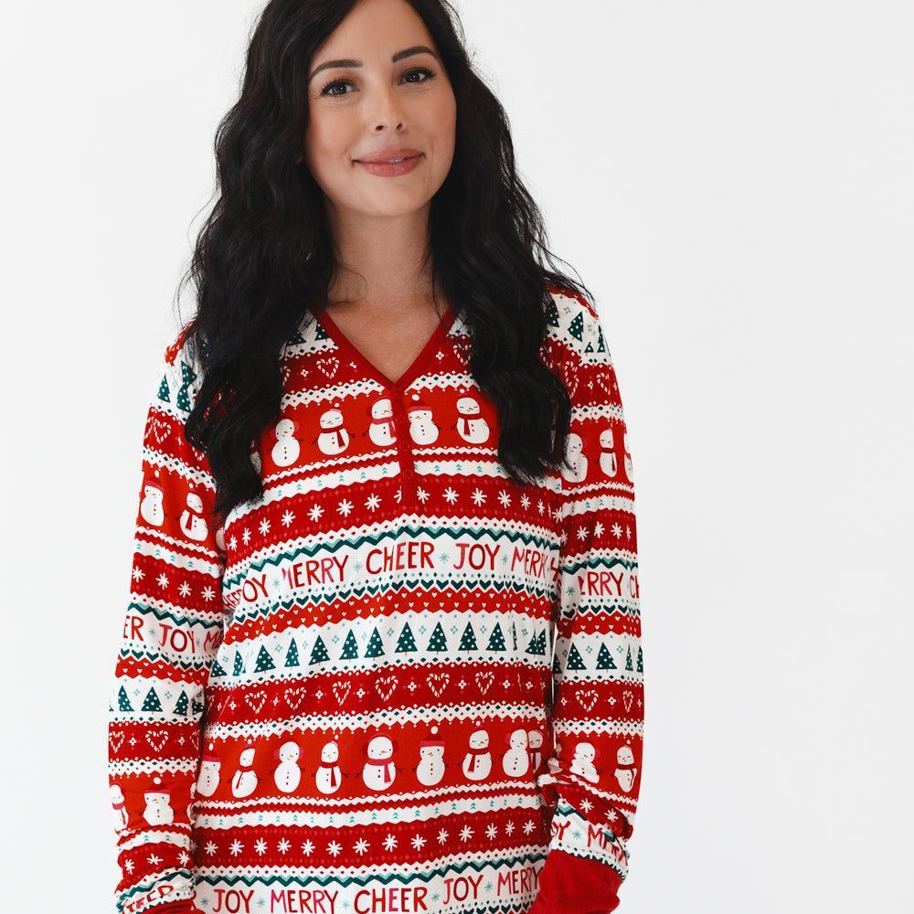 Close up image of a woman wearing a Festive Fair Isle Women's Pajama Top