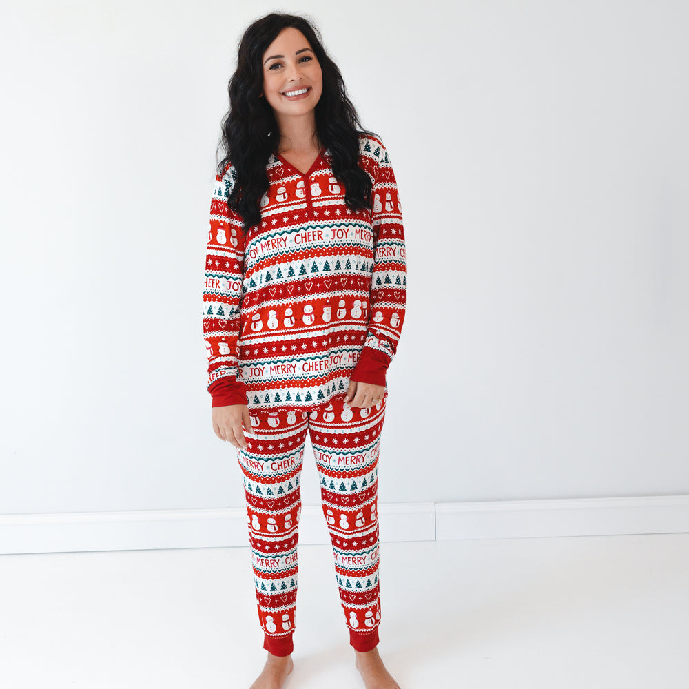 Woman wearing Festive Fair Isle Women's Pajama Pants and matching Pajama Top