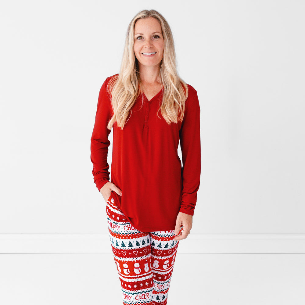 Alternative close up image of female model wearing the Holiday Red Women's Pajama Top and Festive Fair Isle Women's Pajama Pants