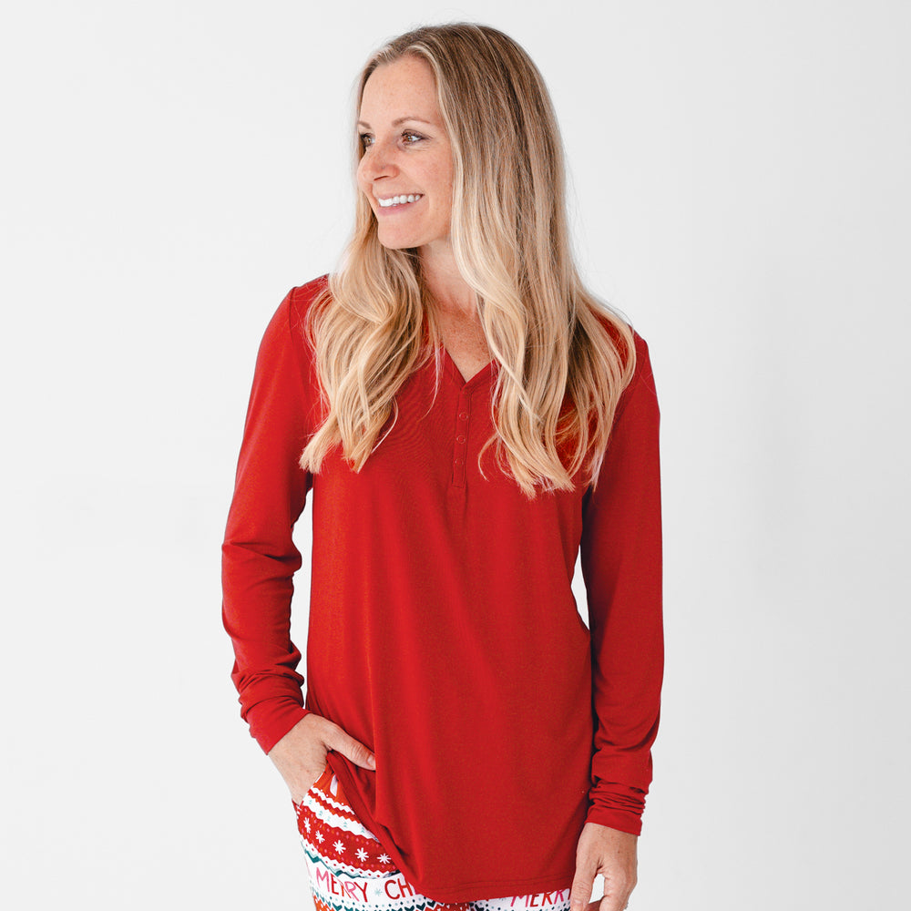 Close up image of female model wearing the Holiday Red Women's Pajama Top