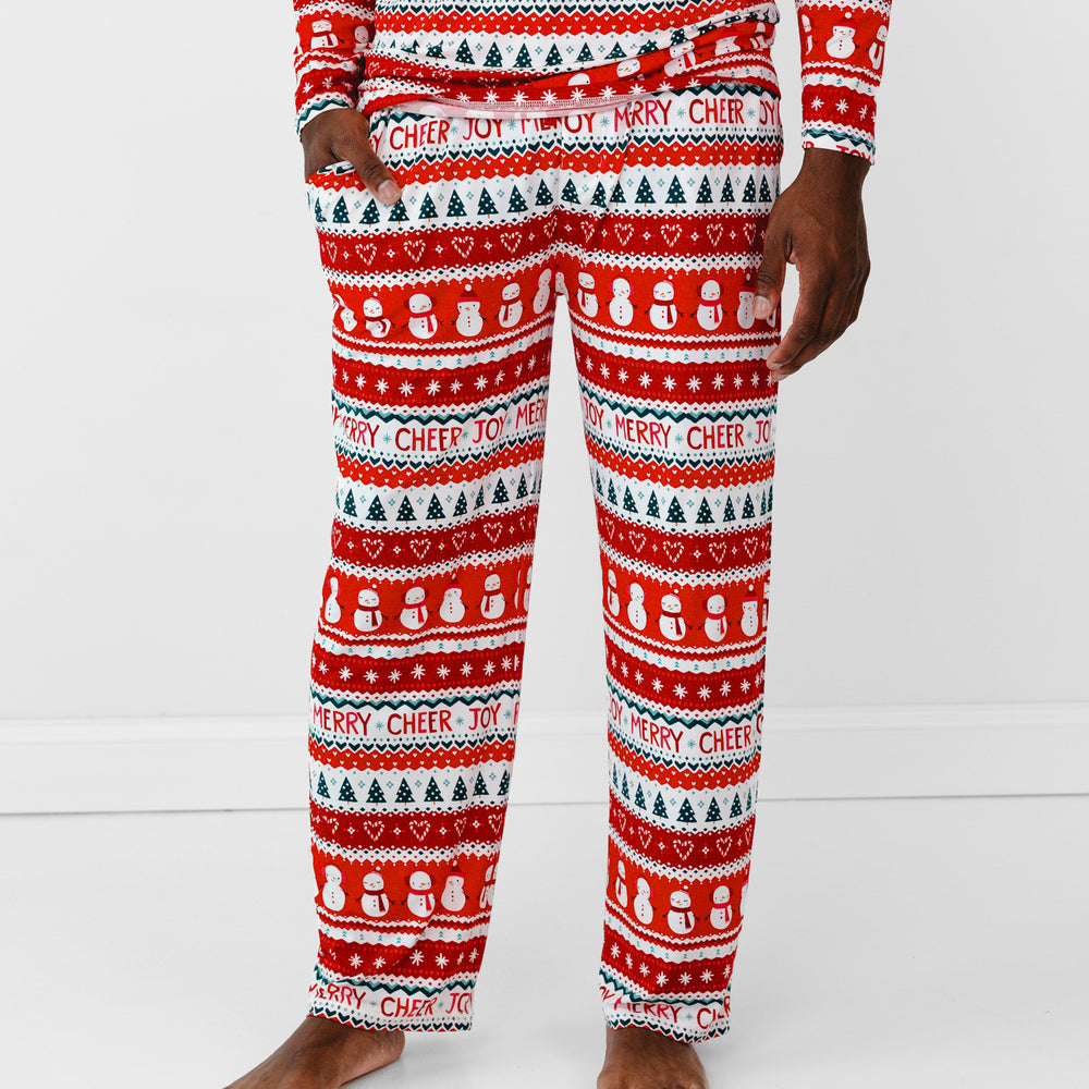 Close up image of a man wearing Festive Fair Isle Men's Pajama Pants and matching Pajama Top