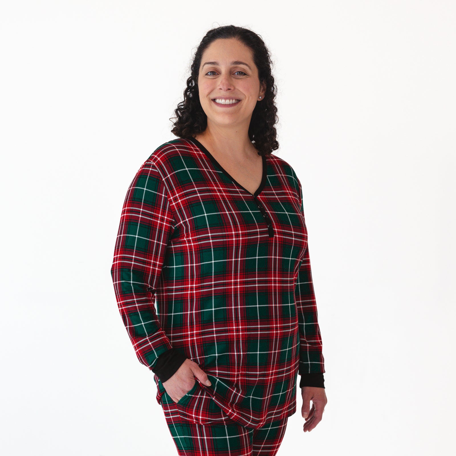 Close up image of a woman wearing a Fireside Plaid Women's Pajama Top