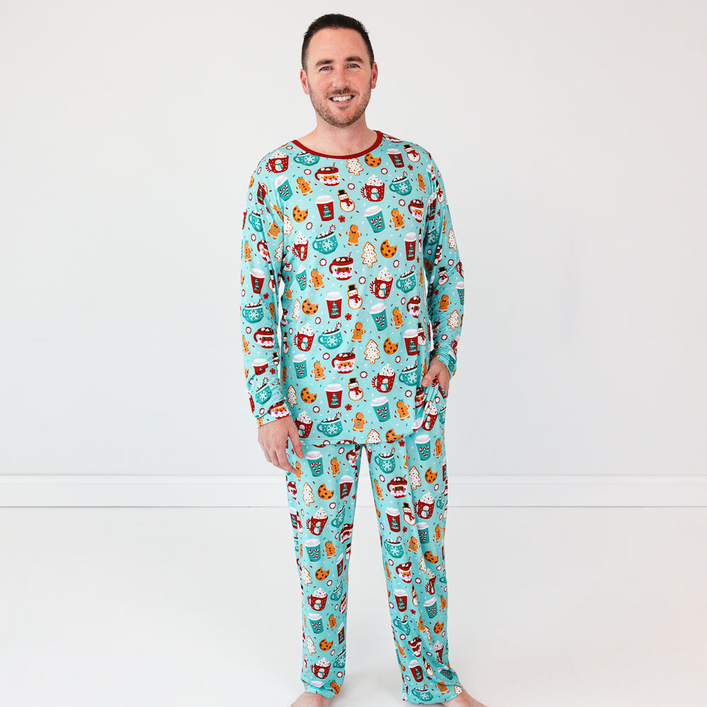 Image of a man wearing Peppermint Mocha Men's Pajama Pants and matching Pajama Top