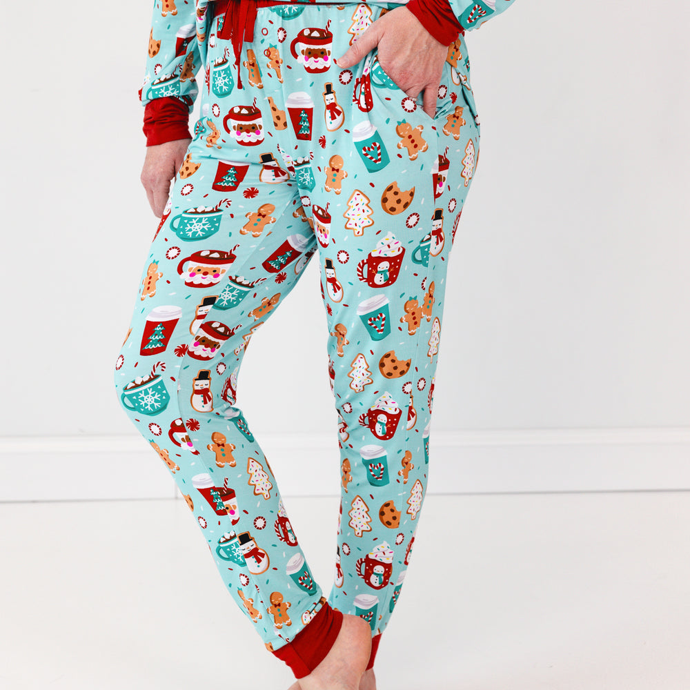 Close up image of a woman wearing Peppermint Mocha Women's Pajama Pants.