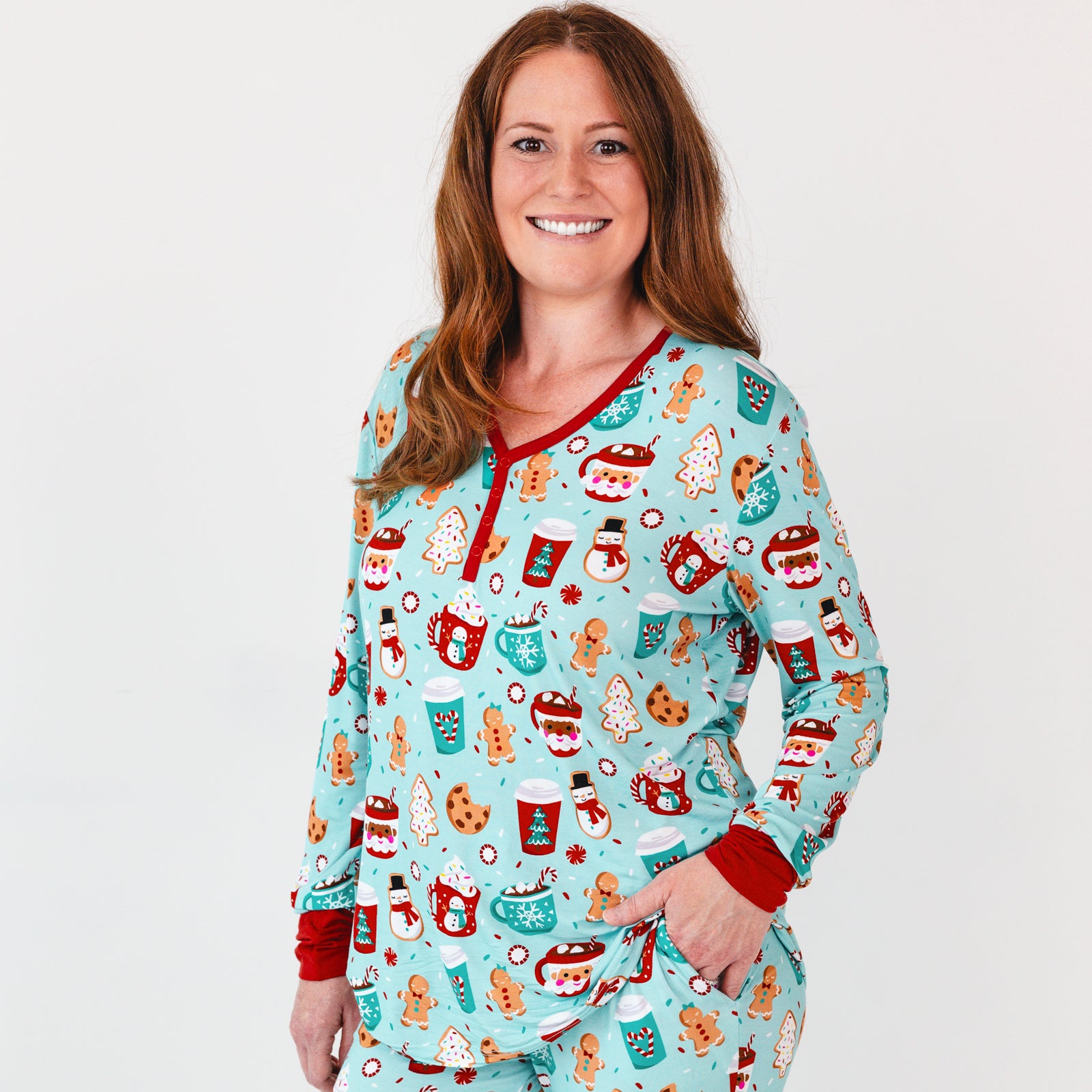 Close up image of a woman wearing a Peppermint Mocha Women's Pajama Top