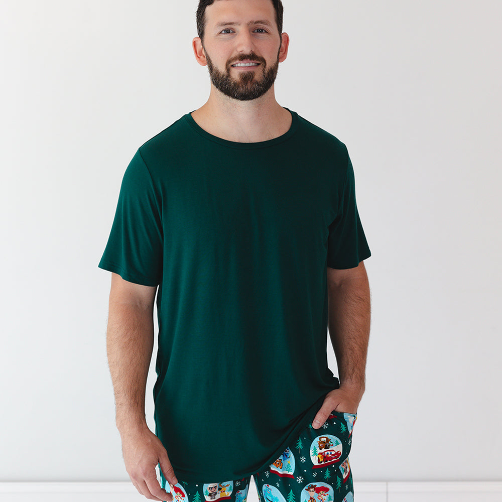 Close up image of male model wearing the Emerald Men's Short Sleeve Pajama Top