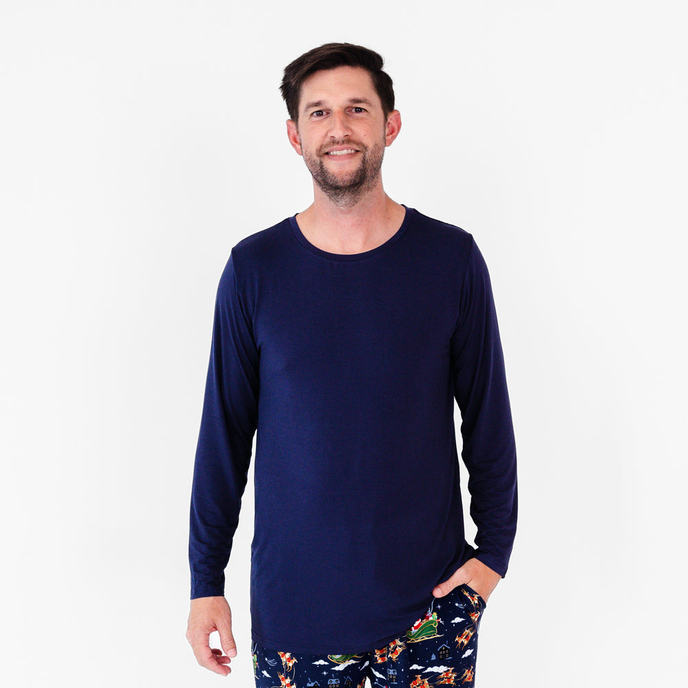 Close up image of male model wearing the Classic Navy Men's Pajama Top