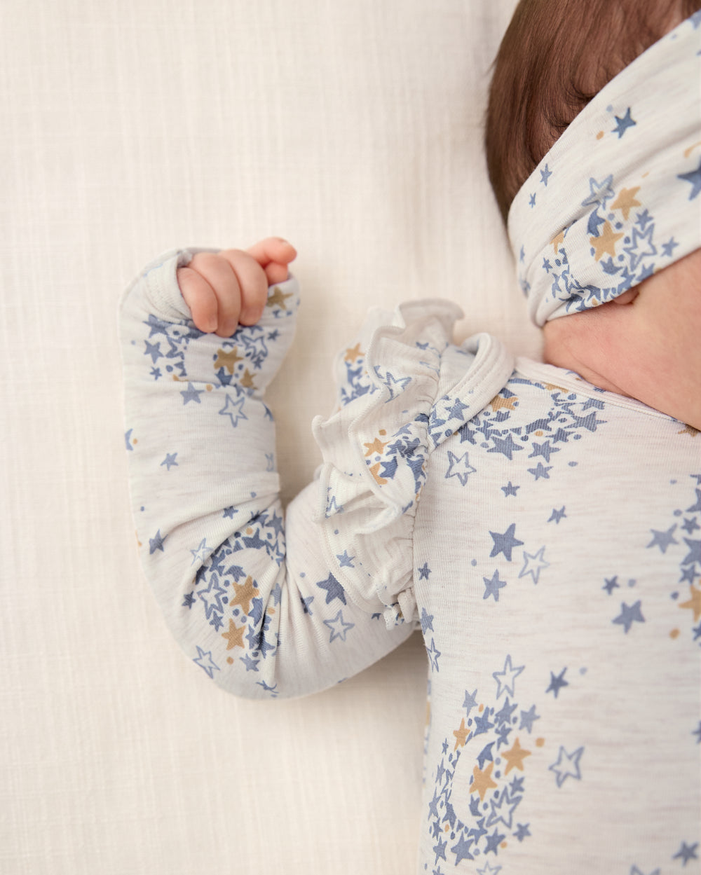 Close up of the flutter detail on the Lullaby Sky Flutter Bodysuit