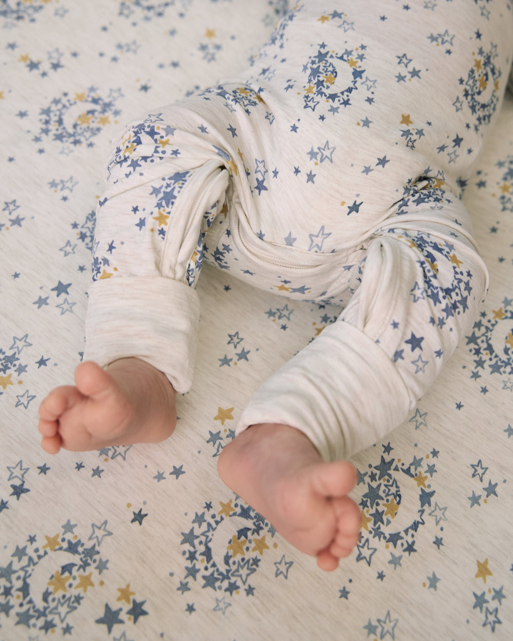 Close up of the crescent zipper on the Lullaby Sky Crescent Zippy