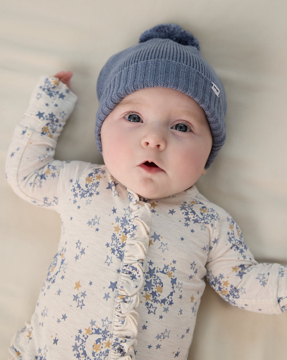 Aerial view of the Hazy Blue Sweater Beanie Hat 