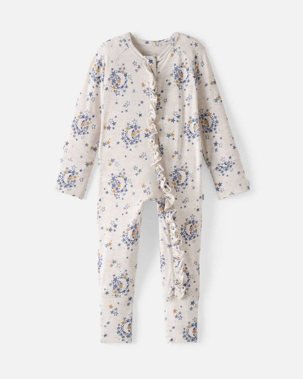 Flat lay of the front of the Lullaby Sky Ruffle Zippy
