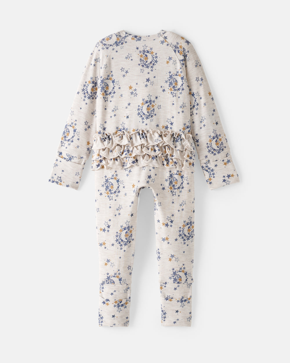 Flat lay of the back of the Lullaby Sky Ruffle Zippy