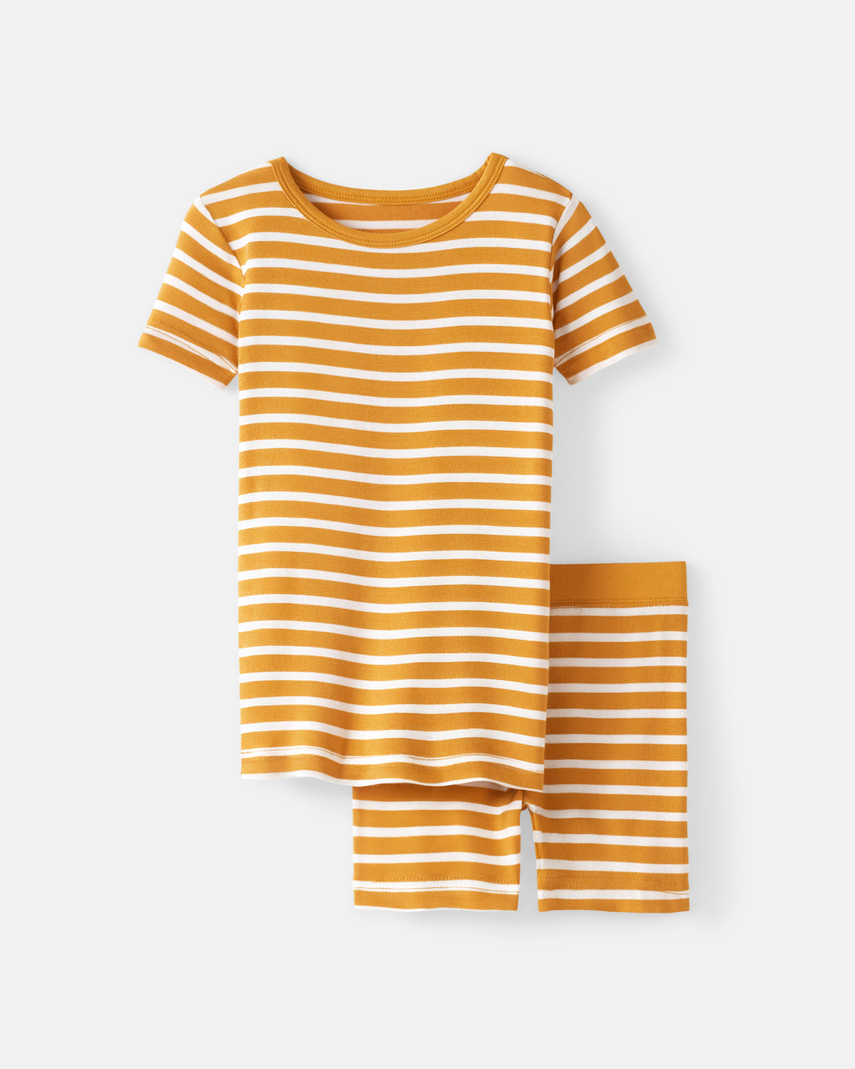 Flat lay of the Marigold Stripe Two-Piece Short Sleeve & Shorts Pajama Set