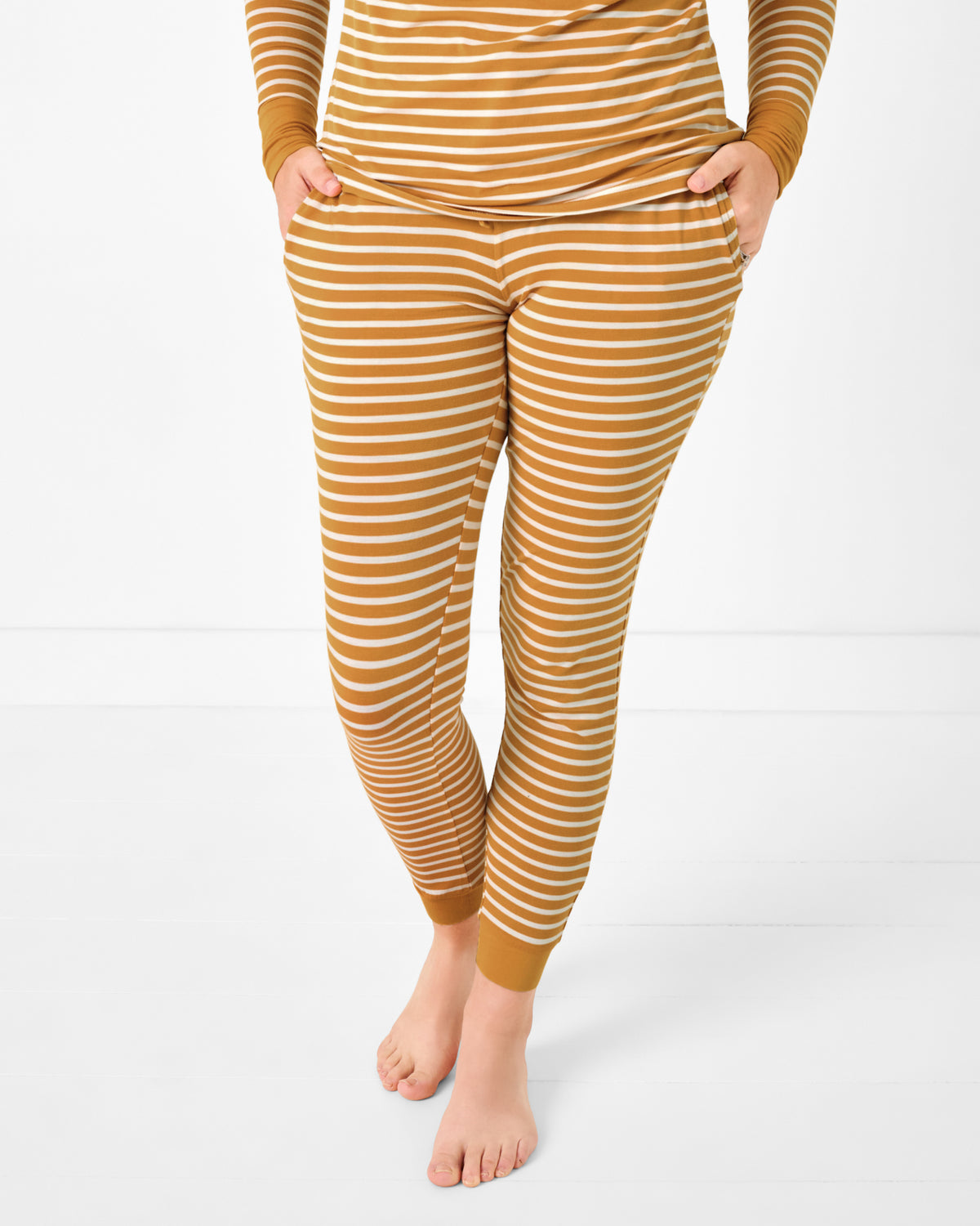 Close up of woman wearing the Marigold Stripe Women's Pajama Pants
