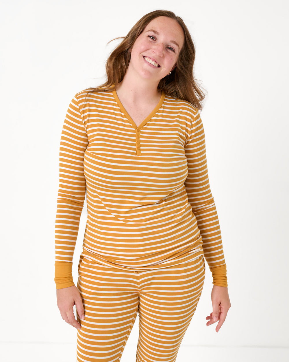 Close up of woman wearing the Marigold Stripe Women's Long Sleeve Pajama Top