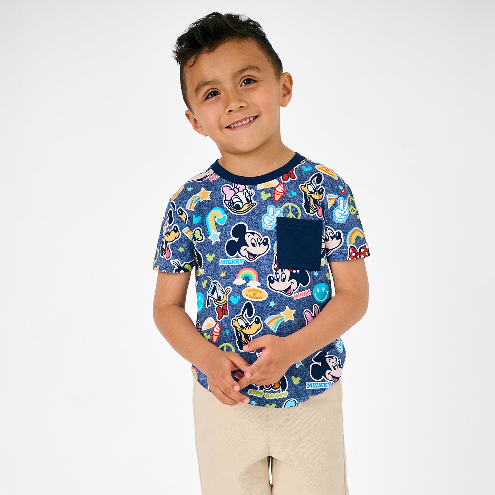 Alternate boy wearing the Disney Mickey's Clubhouse Relaxed Pocket Tee with khaki shorts