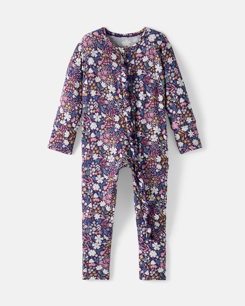 Flat lay of the front of the Midnight Petals Ruffle Zippy