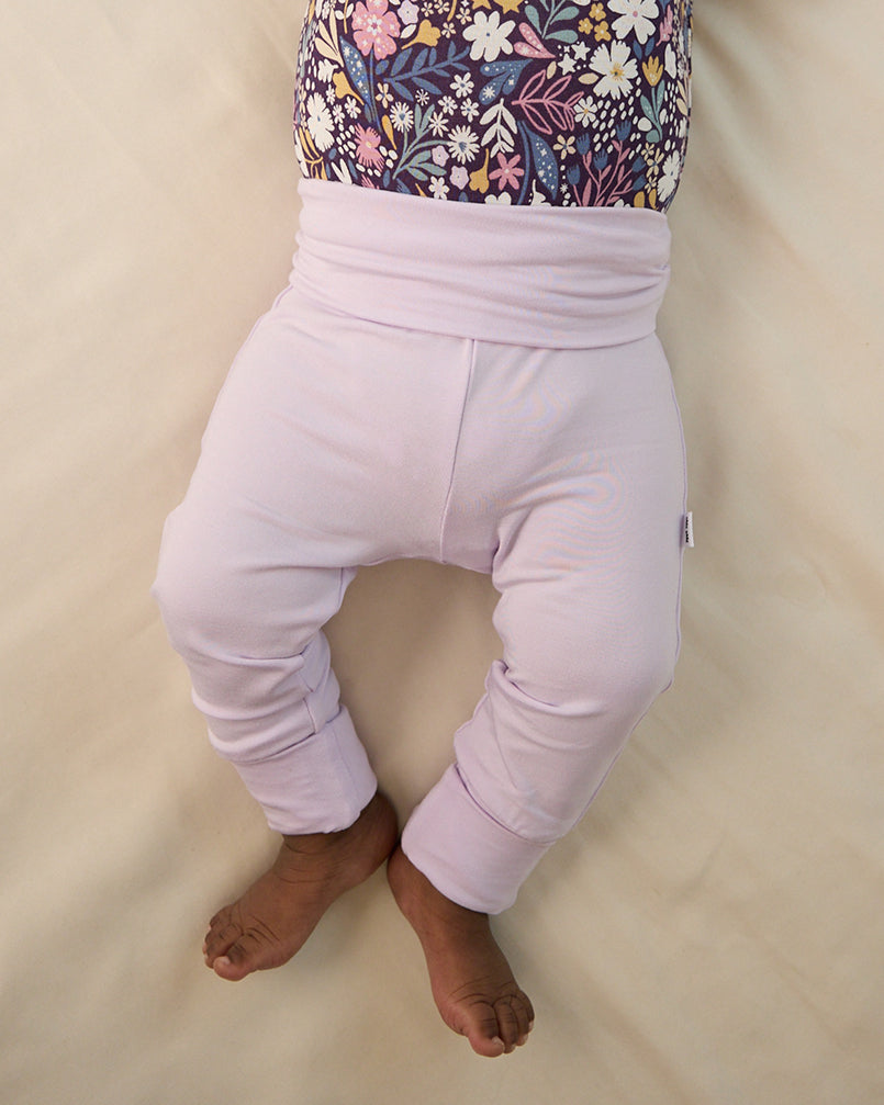Close up of baby wearing the Misty Lavender Fold Over Legging