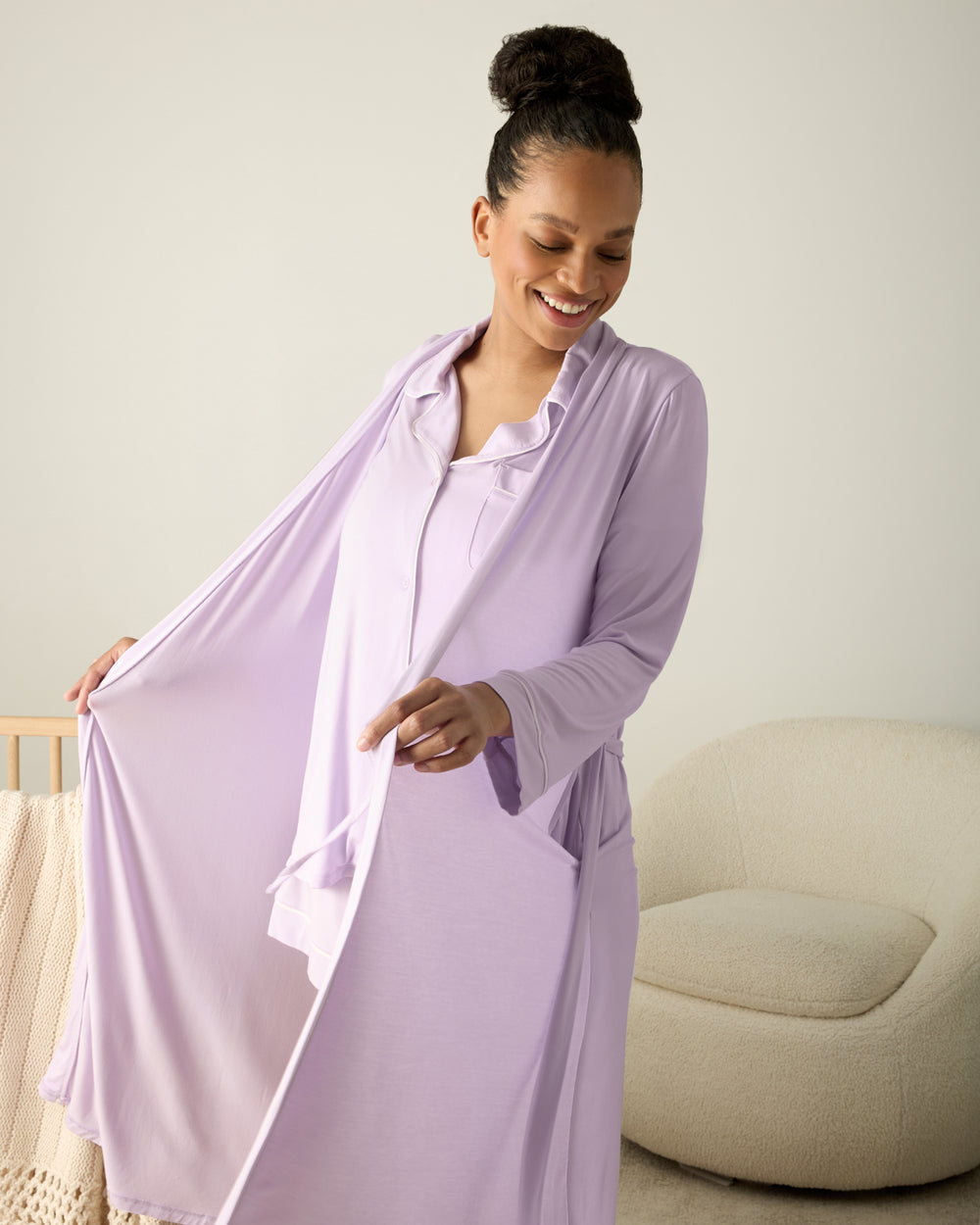 Woman in motion wearing the Misty Lavender Women's Robe