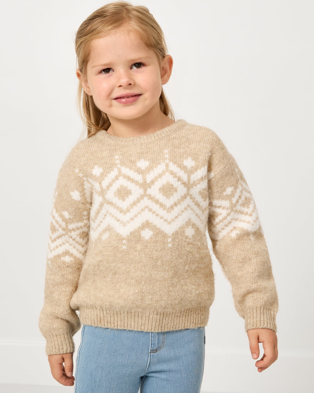 Girl wearing the Neutral Fair Isle Sweater