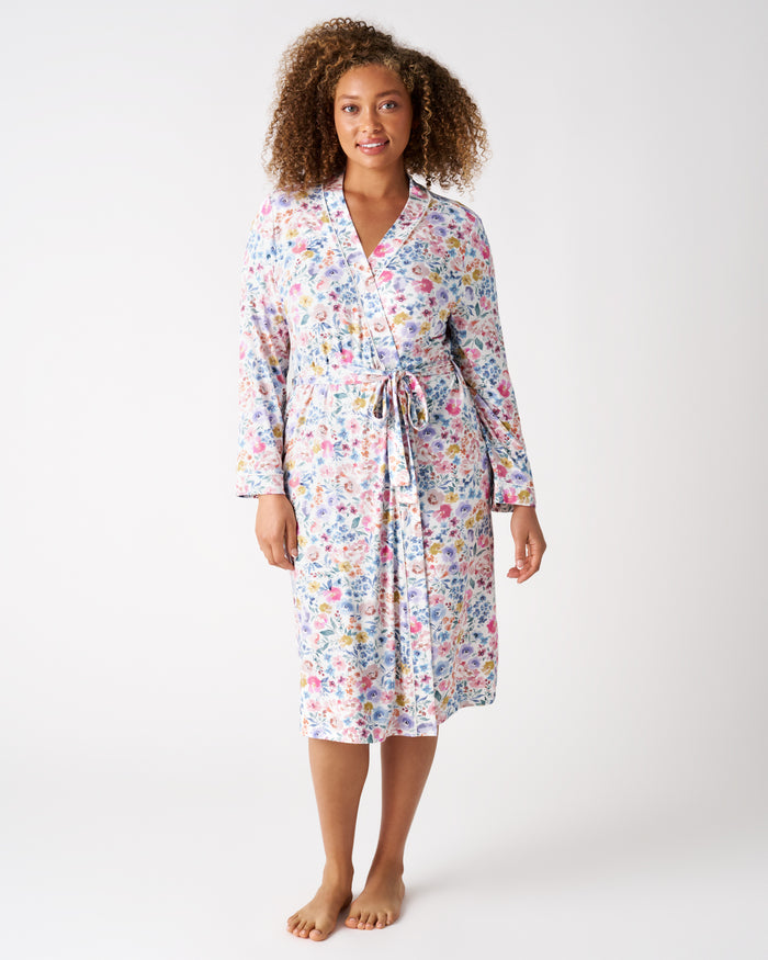 Front view of woman wearing the Tiny Blooms Women's Robe