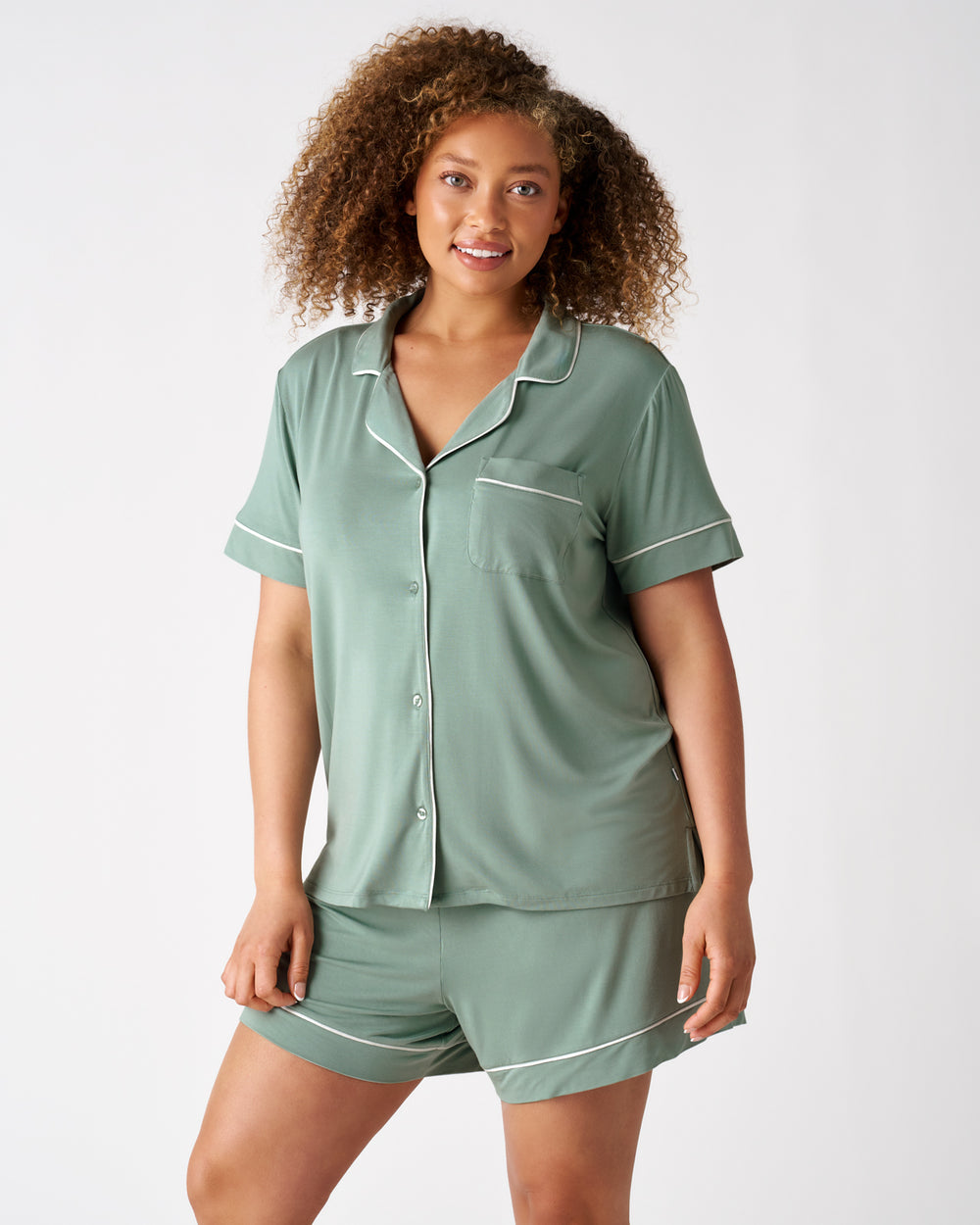 Close up of woman wearing the Willow Women's Short Sleeve & Shorts Pajama Set