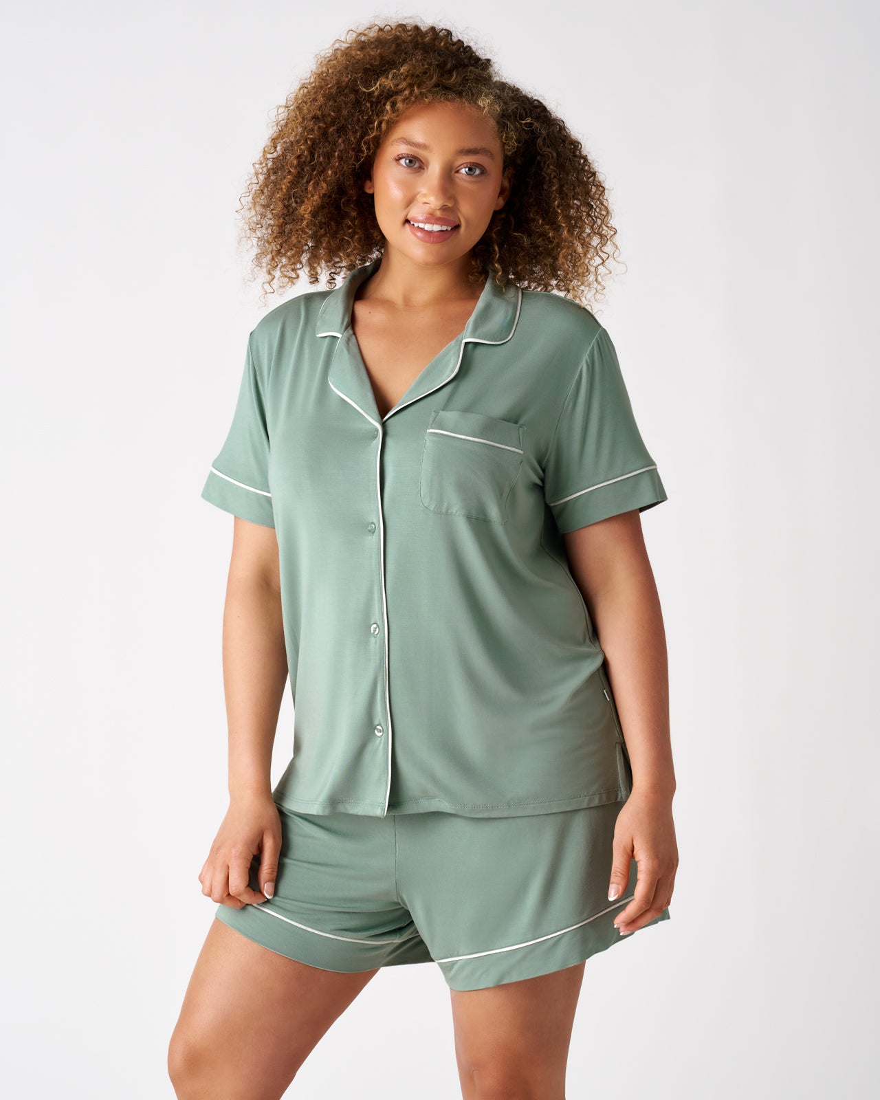 Close up of woman wearing the Willow Women's Short Sleeve & Shorts Pajama Set