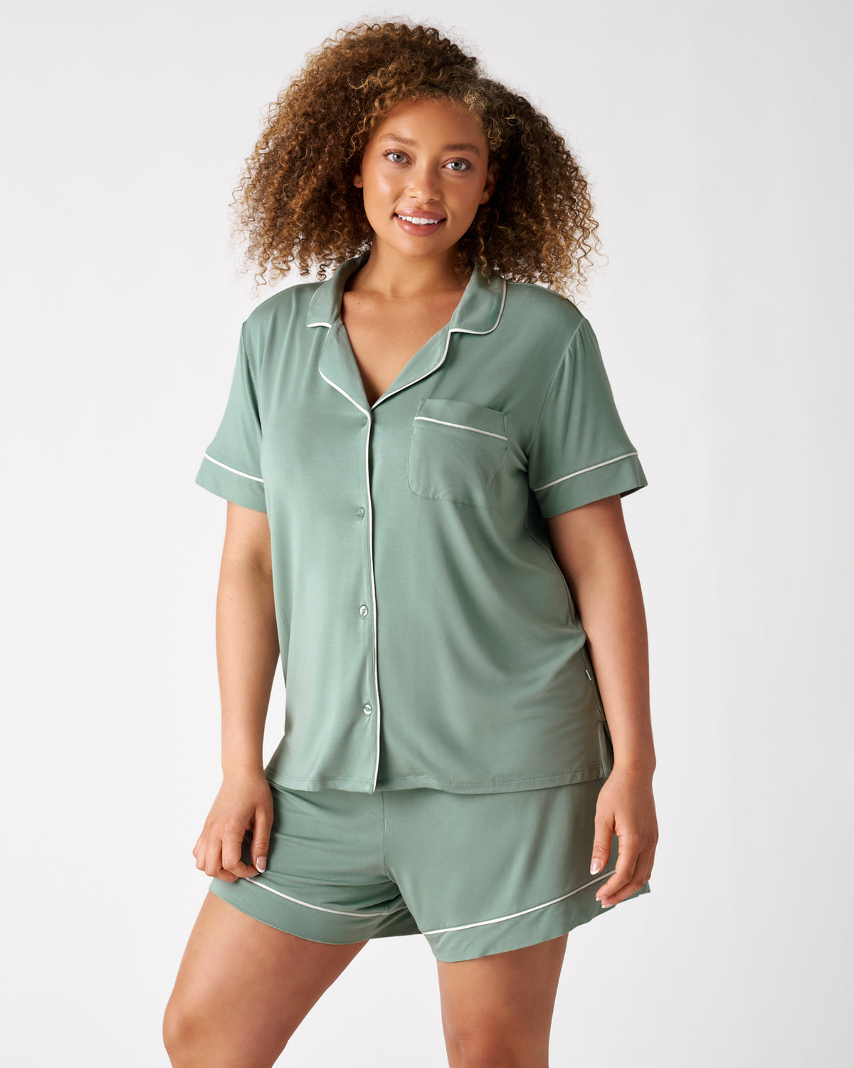 Close up of woman wearing the Willow Women's Short Sleeve & Shorts Pajama Set