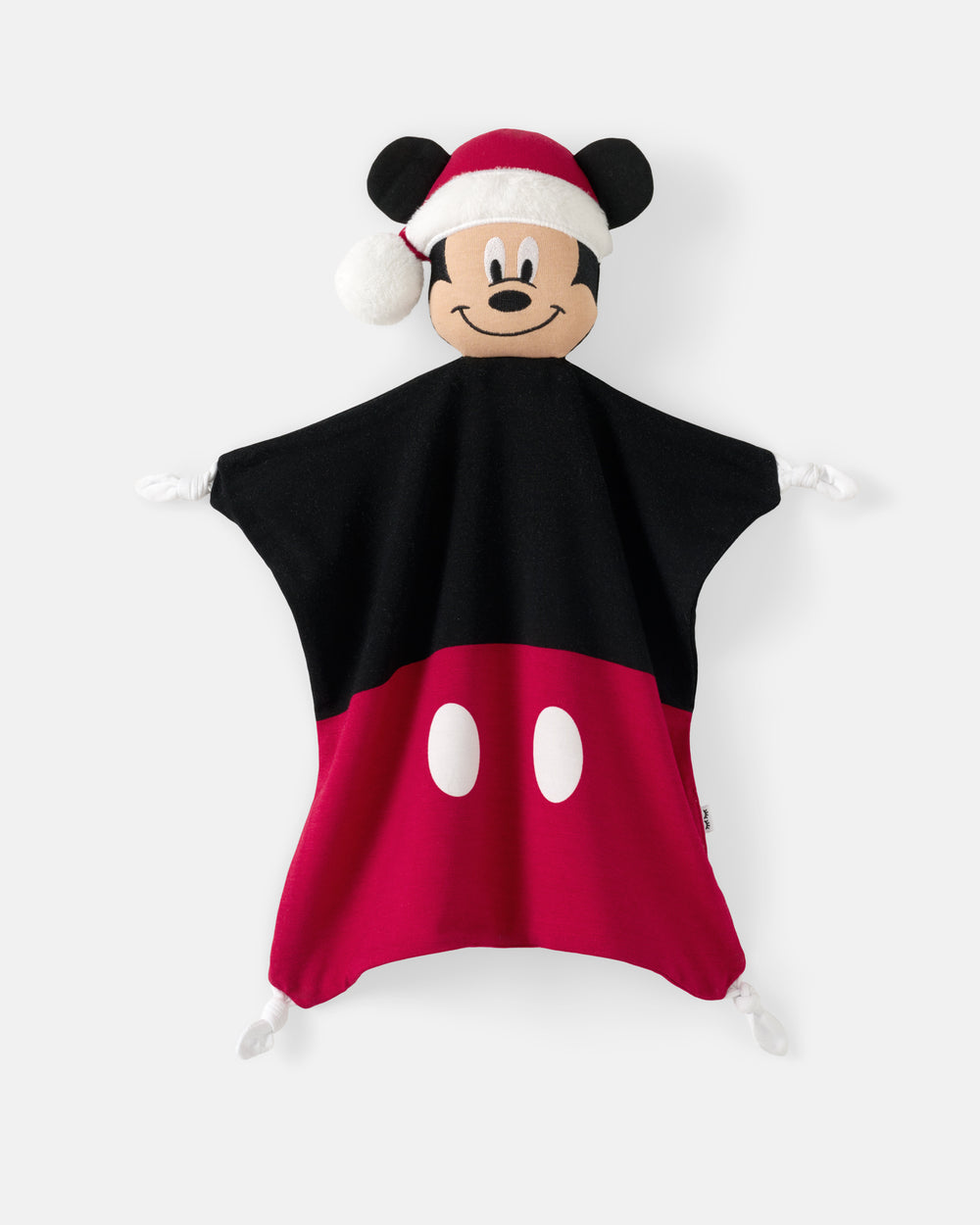 A Mickey Mouse Christmas-themed baby security blanket featuring a black and red body, a Santa hat, and white drawstring ties, shown against a light gray background.