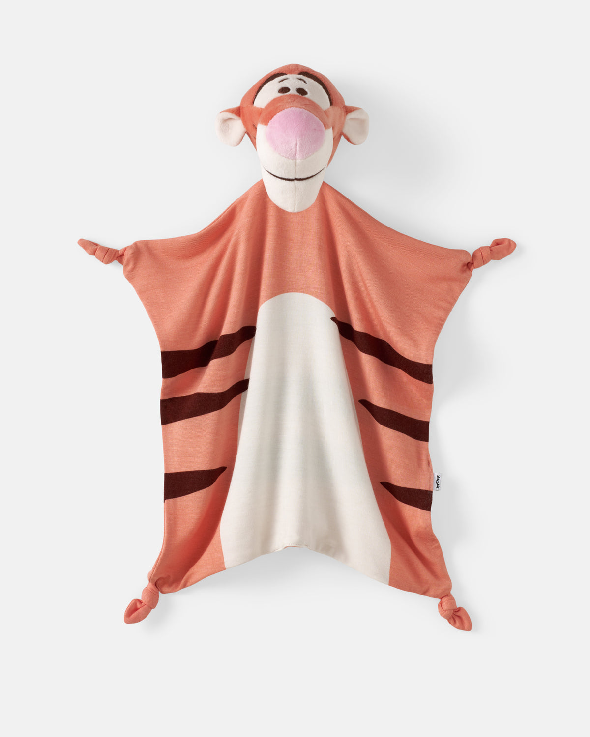 A Tigger-themed comforter or lovey blanket with a plush tiger face and wings, featuring a peach-pink body, dark brown stripes, and a cream belly, photographed against a light gray background.