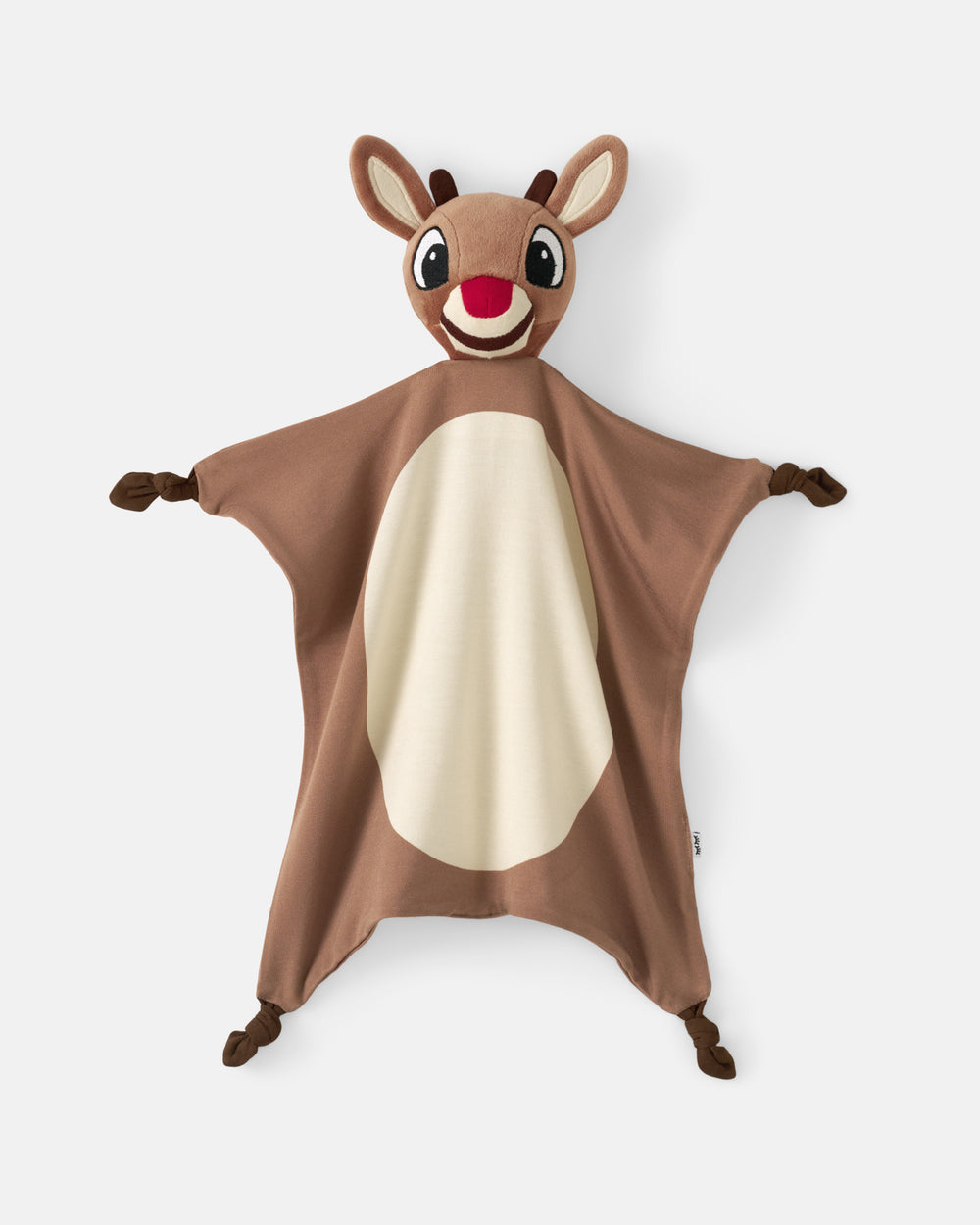 A plush reindeer-shaped baby lovey blanket with brown fabric body, cream belly, and red nose, shown against a light gray background.